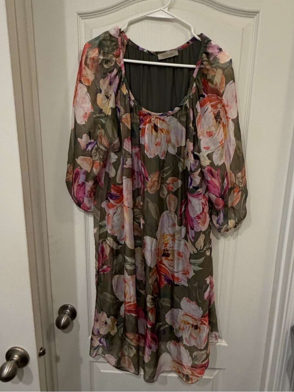 Olive Floral Midi Dress with Pink and Cream Blooms
